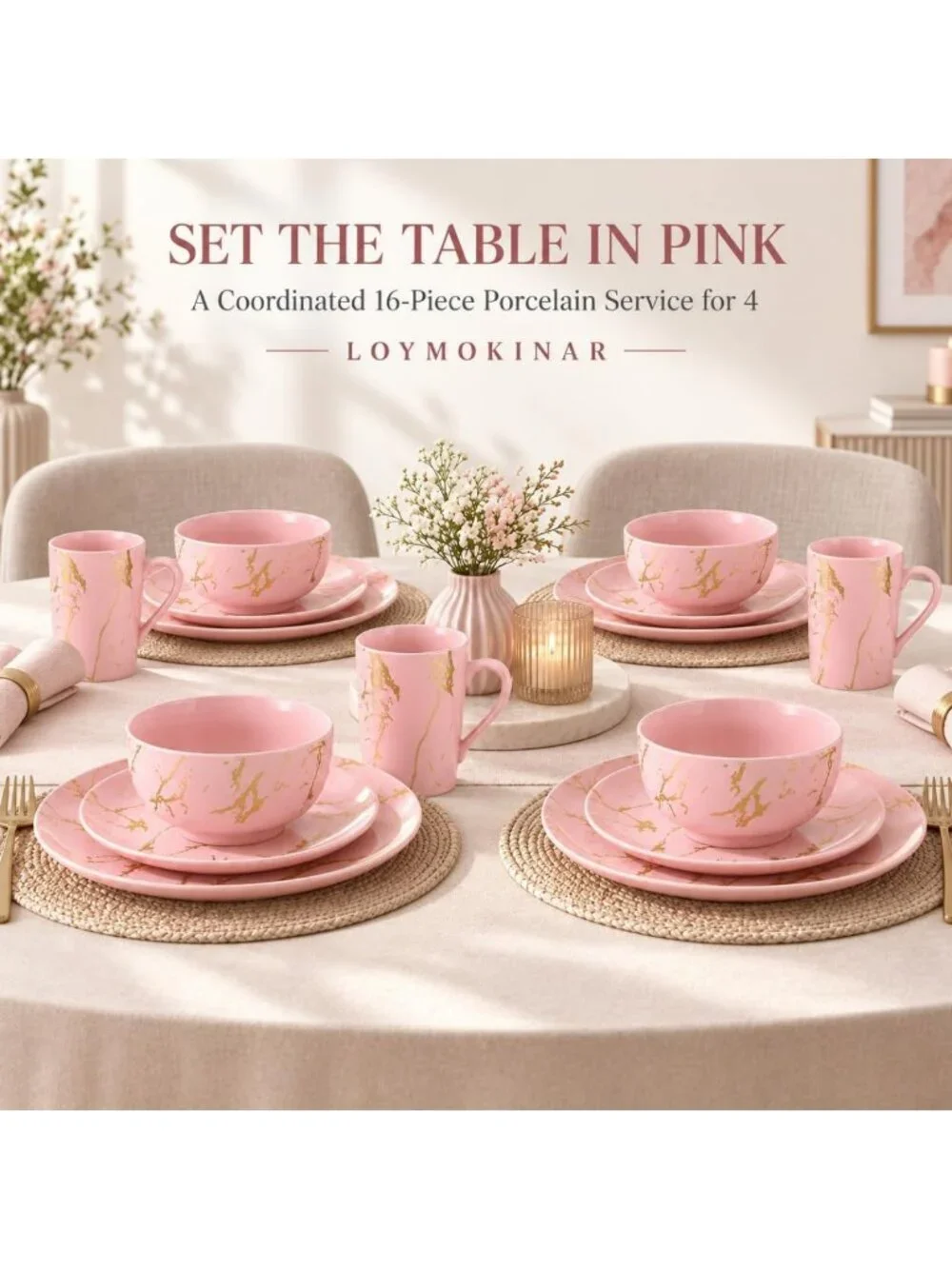 Elegant Pink Dinnerware Set for 4 | 16-Piece Porcelain with Gold Marble Accents